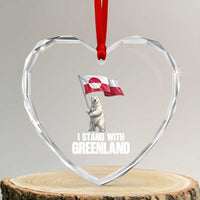 I Stand With Greenland Heart Crystal Glass Ornament Cute Polar Bear Holding Flag Political Support