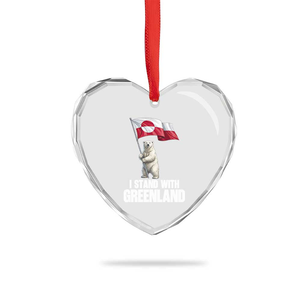 I Stand With Greenland Heart Crystal Glass Ornament Cute Polar Bear Holding Flag Political Support