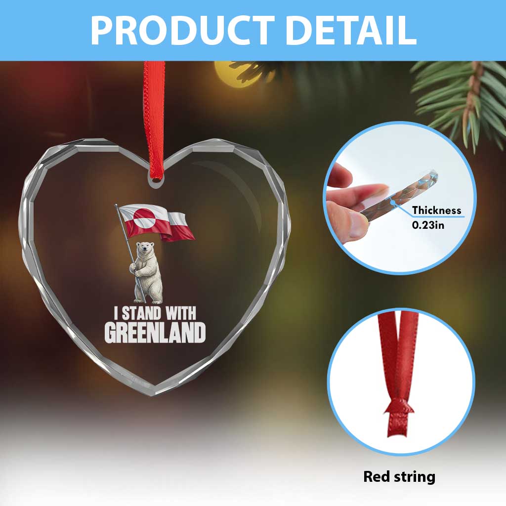 I Stand With Greenland Heart Crystal Glass Ornament Cute Polar Bear Holding Flag Political Support