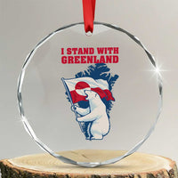 I Stand With Greenland Patriotic Crystal Glass Ornament Polar Bear Holding Flag Over Map