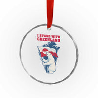 I Stand With Greenland Patriotic Crystal Glass Ornament Polar Bear Holding Flag Over Map