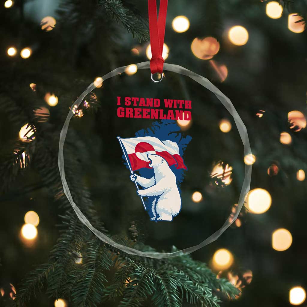 I Stand With Greenland Patriotic Crystal Glass Ornament Polar Bear Holding Flag Over Map