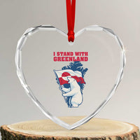 I Stand With Greenland Patriotic Heart Crystal Glass Ornament Polar Bear Holding Flag Over Map