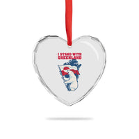 I Stand With Greenland Patriotic Heart Crystal Glass Ornament Polar Bear Holding Flag Over Map