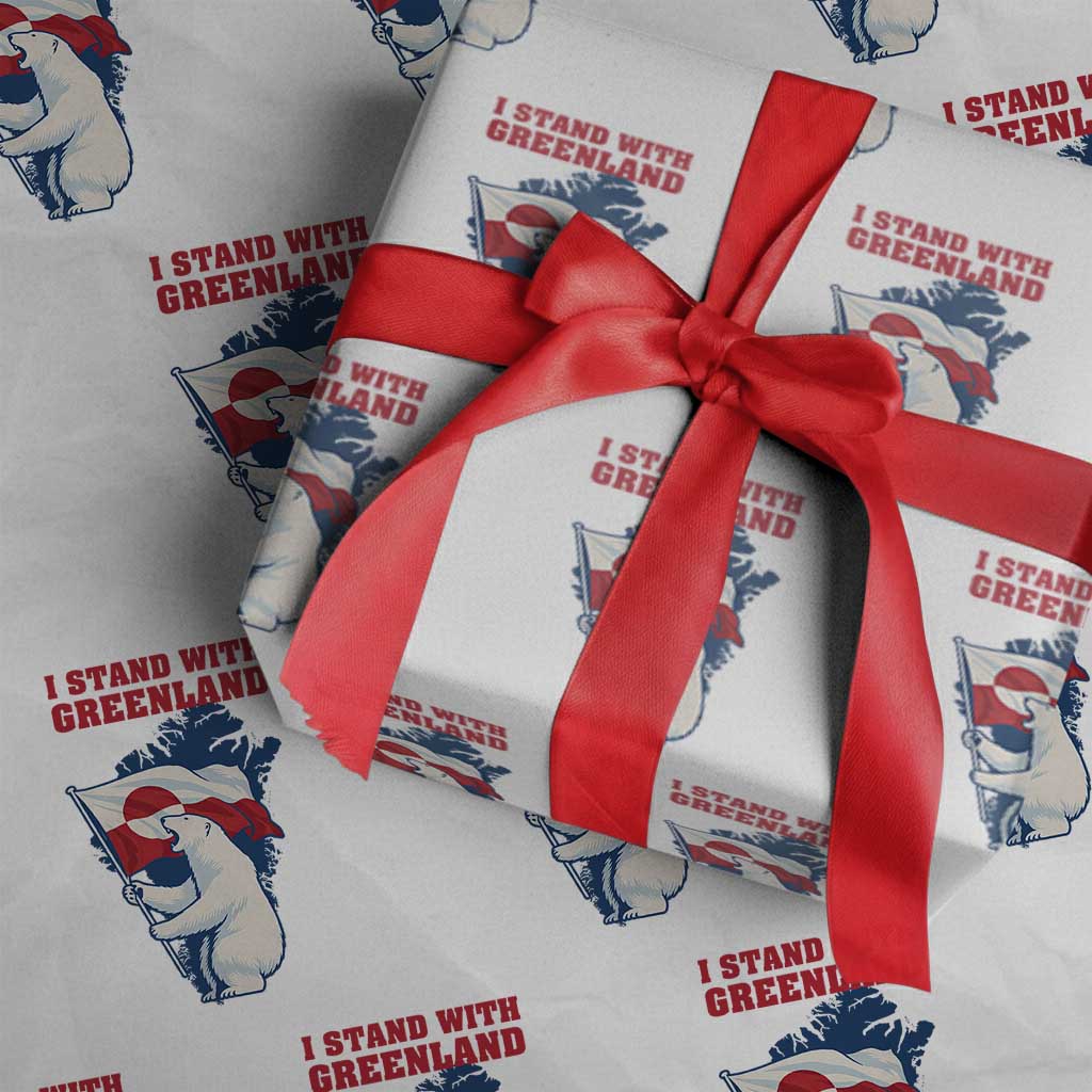 I Stand With Greenland Patriotic Wrapping Paper Roll Polar Bear Holding Flag Over Map