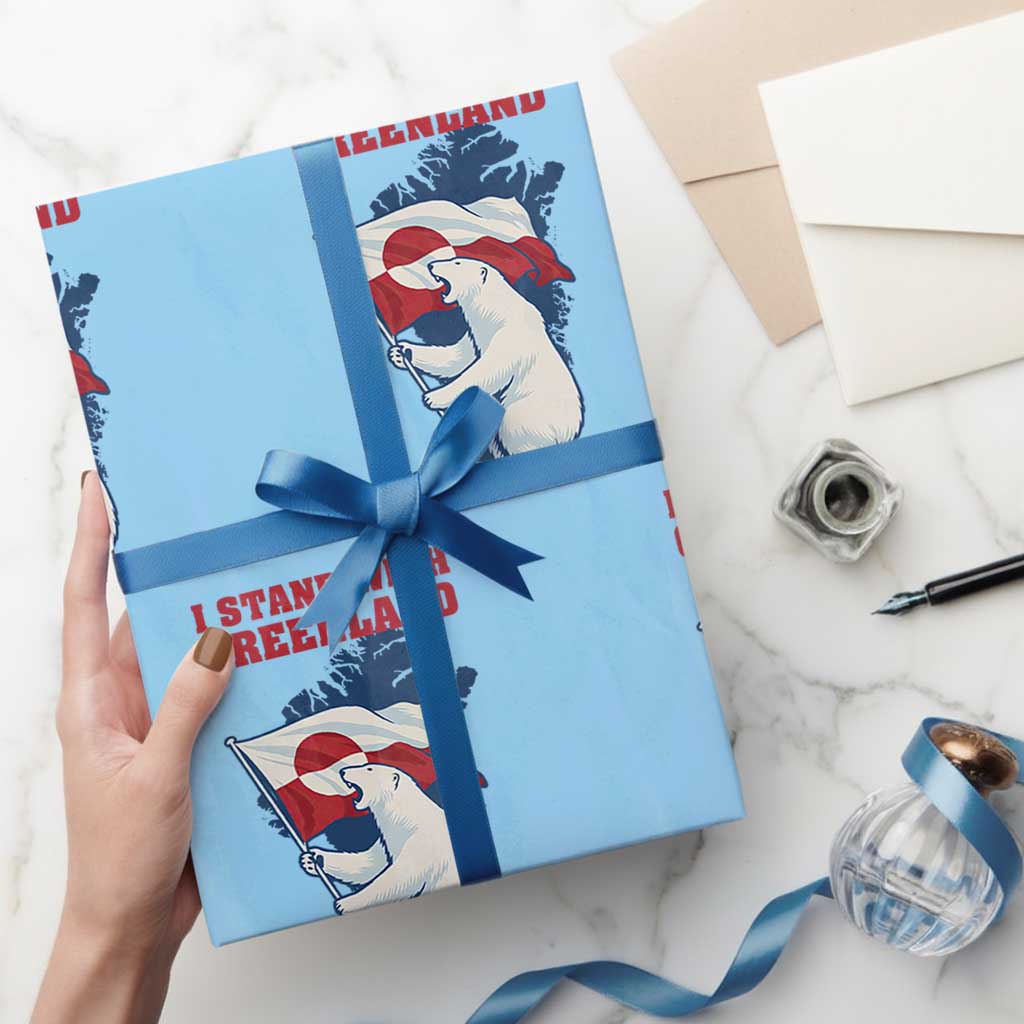 I Stand With Greenland Patriotic Wrapping Paper Roll Polar Bear Holding Flag Over Map
