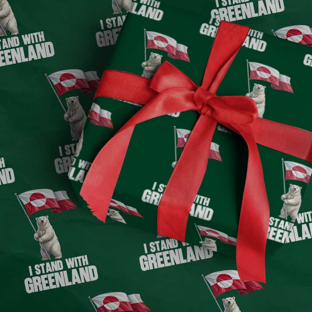 I Stand With Greenland Wrapping Paper Roll Cute Polar Bear Holding Flag Political Support