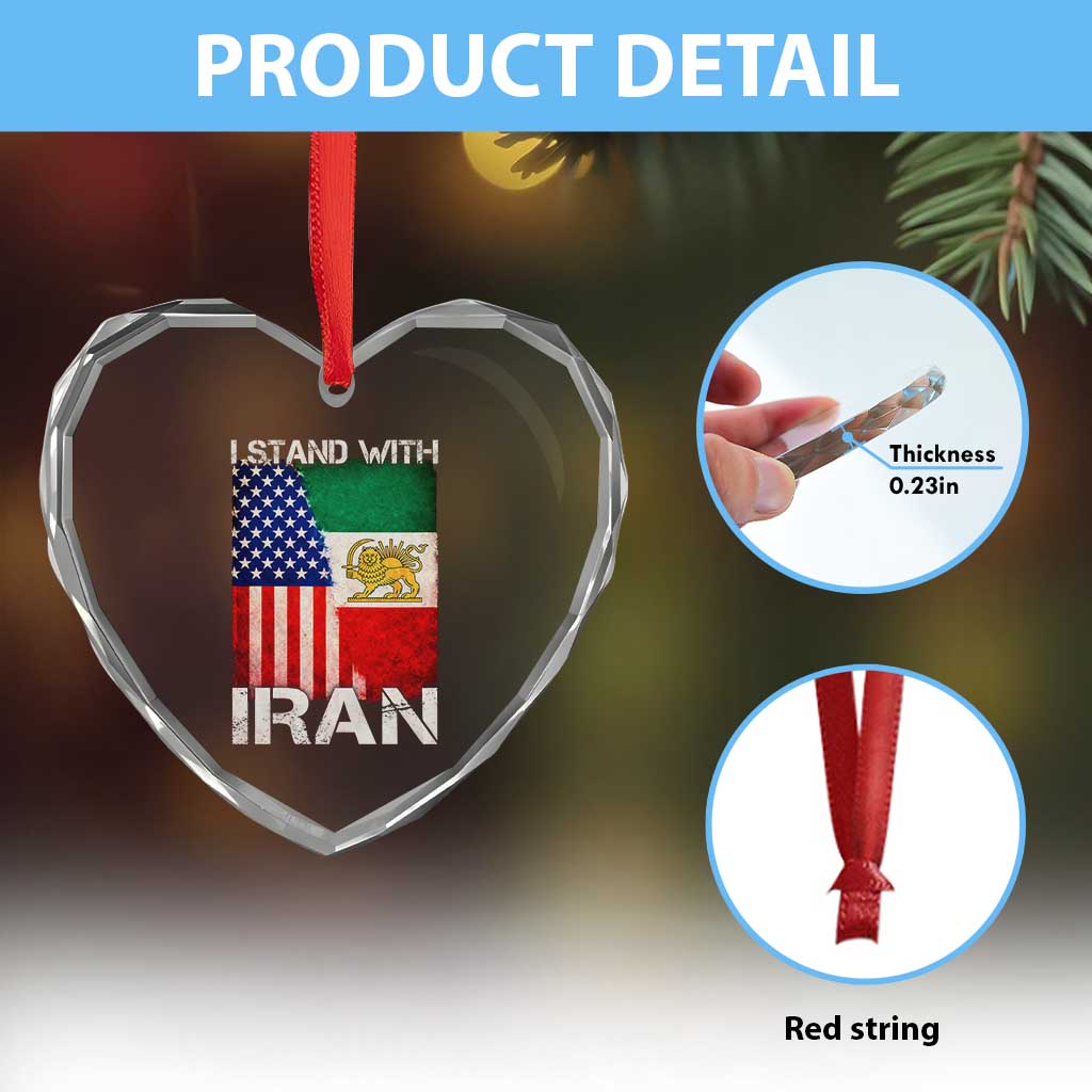 I Stand With Iran Heart Crystal Glass Ornament Persian American Flag USA Persia Lion And Sun Iran