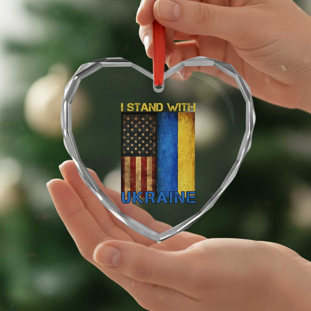 I Stand With Ukraine Heart Crystal Glass Ornament Ukrainian American Flag - Wonder Print Shop