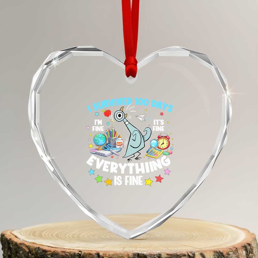 I Survived 100 Days Of School Heart Crystal Glass Ornament Funny Pigeon 100th Day Teacher