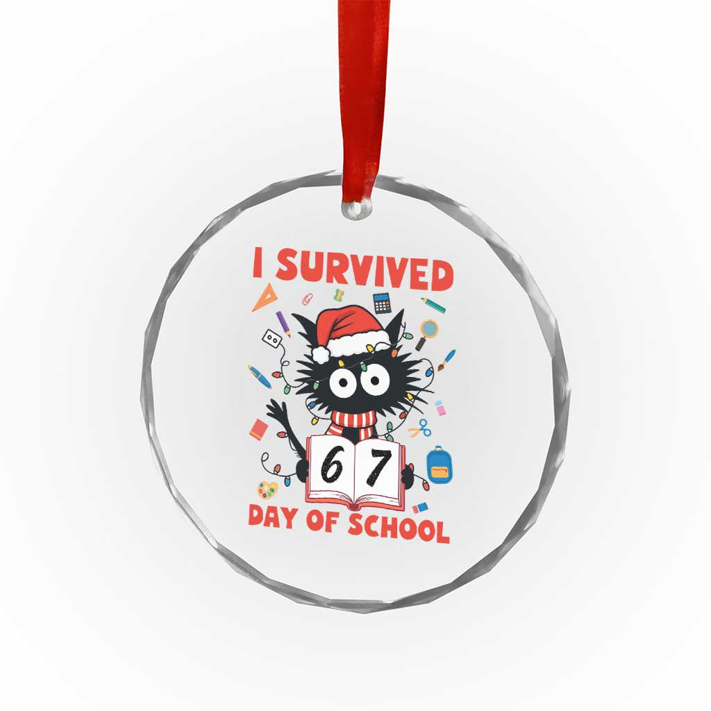 I Survived 67 Days Of School Cat Meme Crystal Glass Ornament Funny Christmas Six Seven Meme - Wonder Print Shop