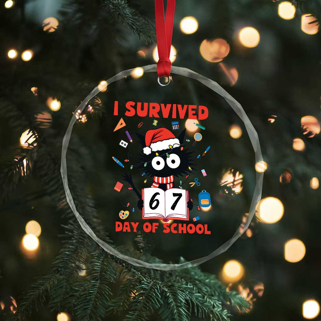 I Survived 67 Days Of School Cat Meme Crystal Glass Ornament Funny Christmas Six Seven Meme - Wonder Print Shop