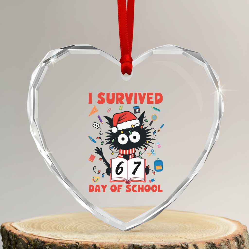 I Survived 67 Days Of School Cat Meme Heart Crystal Glass Ornament Funny Christmas Six Seven Meme - Wonder Print Shop