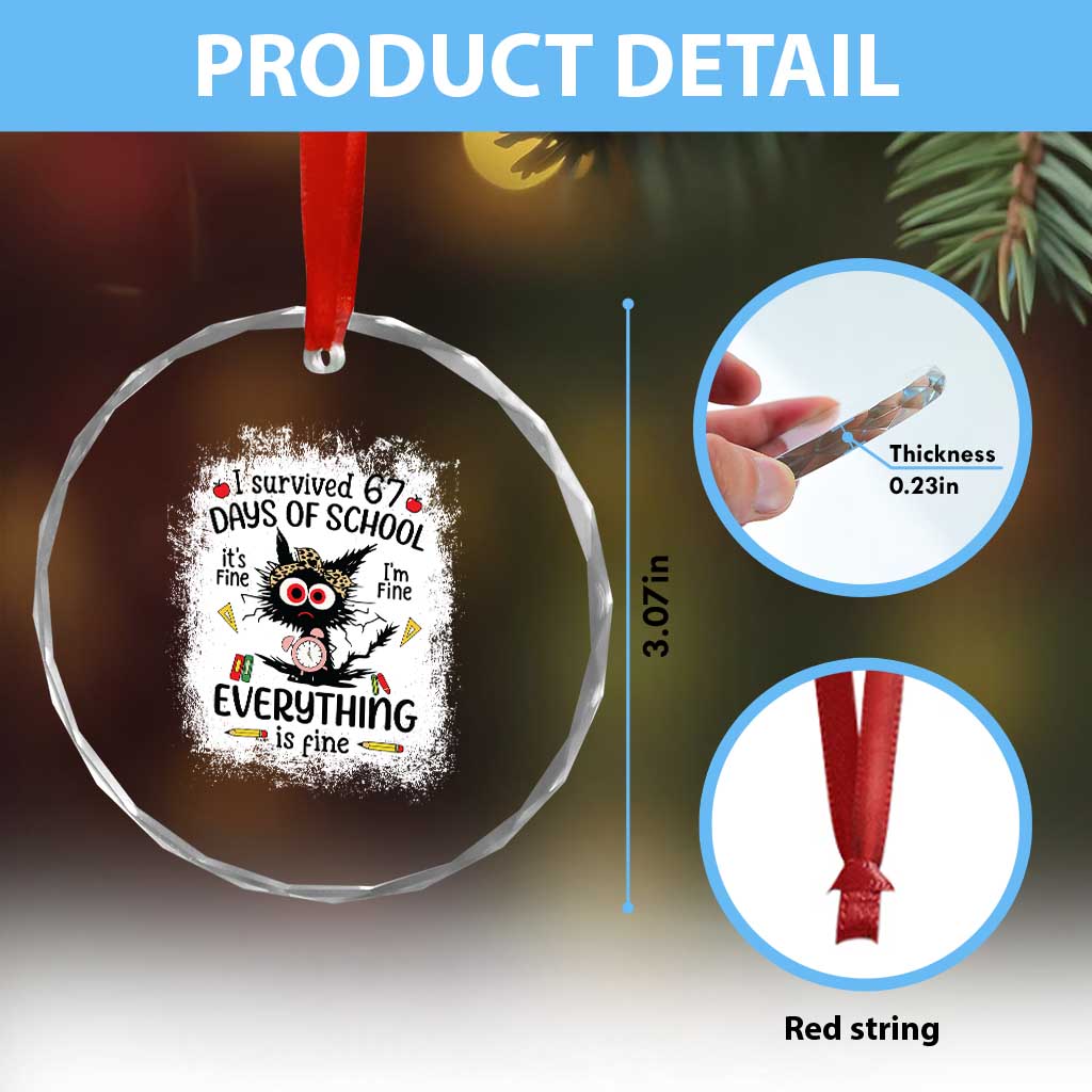 I Survived 67 Days of School Crystal Glass Ornament Funny Teacher Black Cat Chaos Everything Is Fine - Wonder Print Shop