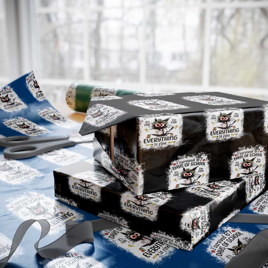 I Survived 67 Days of School Wrapping Paper Roll Funny Teacher Black Cat Chaos Everything Is Fine - Wonder Print Shop