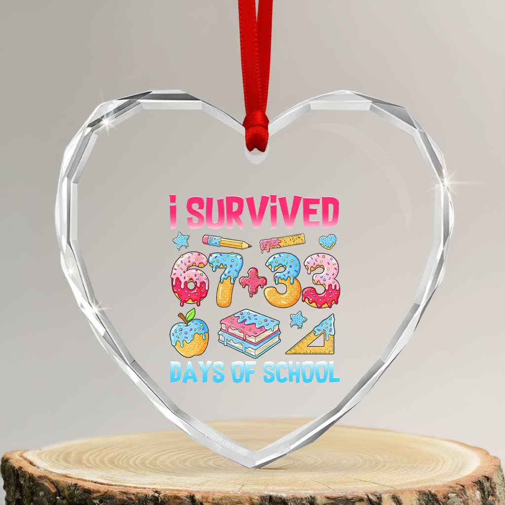 I Survived 67 Plus 33 100 Days of School Heart Crystal Glass Ornament Six Seven Meme Colorful Math Humor - Wonder Print Shop