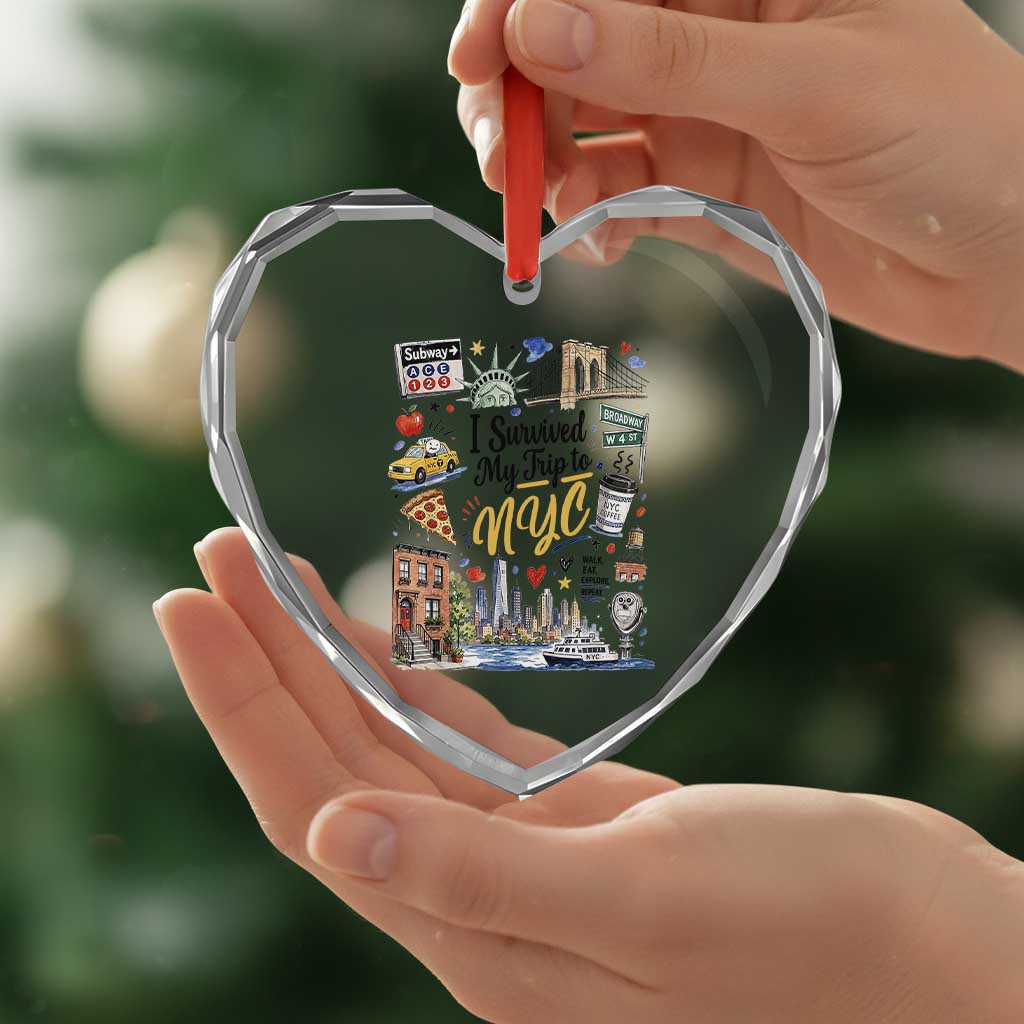 I Survived My Trip To NYC Iconic Symbols Graphic Heart Crystal Glass Ornament Funny New York City Travel Humor Vacation Souvernir