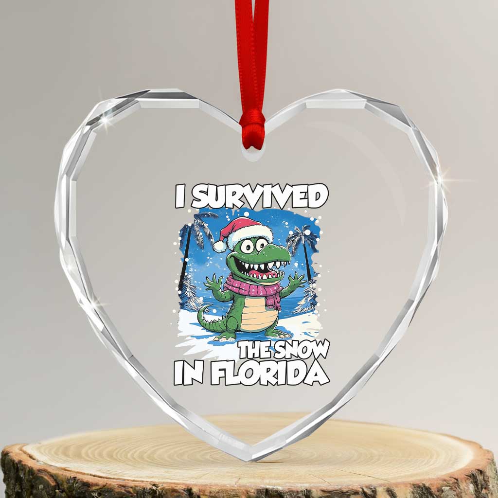 I Survived The Snow In Florida Heart Crystal Glass Ornament Funny Crocodile - Wonder Print Shop