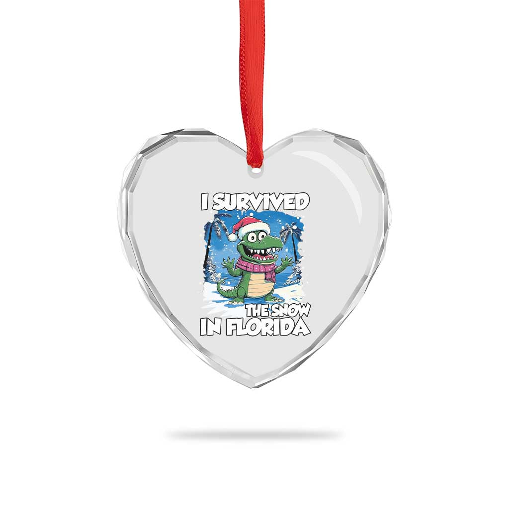 I Survived The Snow In Florida Heart Crystal Glass Ornament Funny Crocodile - Wonder Print Shop