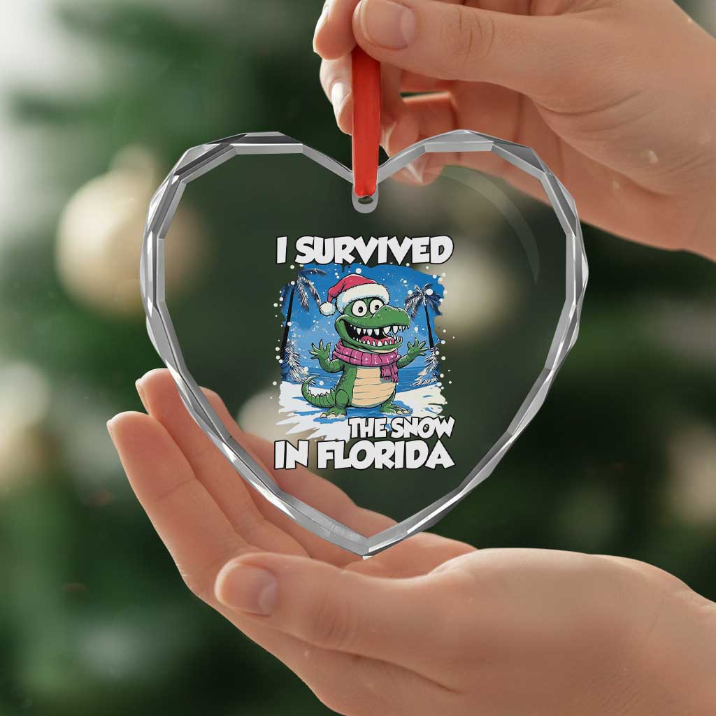 I Survived The Snow In Florida Heart Crystal Glass Ornament Funny Crocodile - Wonder Print Shop