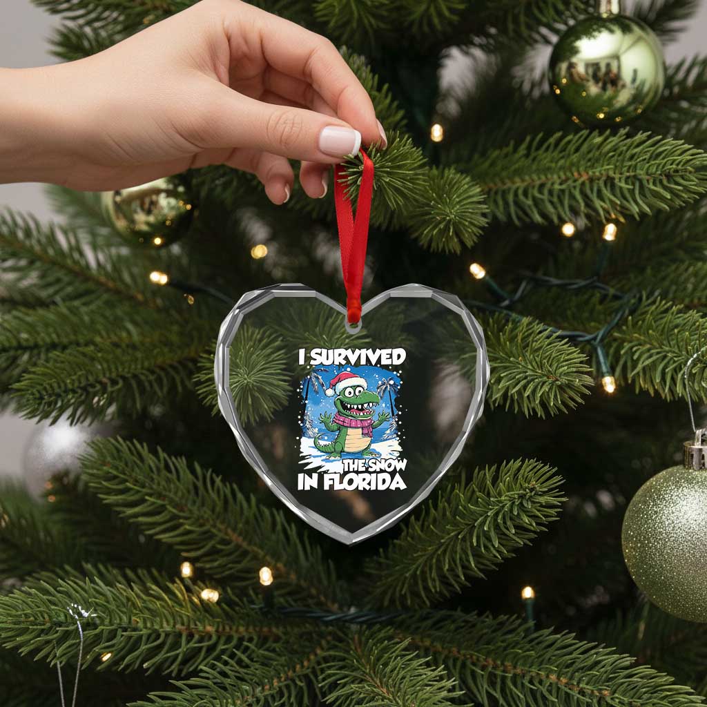 I Survived The Snow In Florida Heart Crystal Glass Ornament Funny Crocodile - Wonder Print Shop