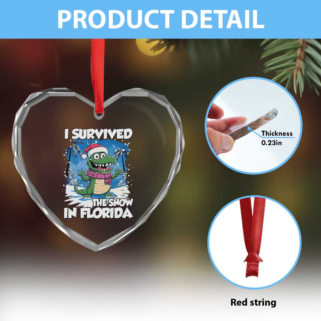 I Survived The Snow In Florida Heart Crystal Glass Ornament Funny Crocodile - Wonder Print Shop