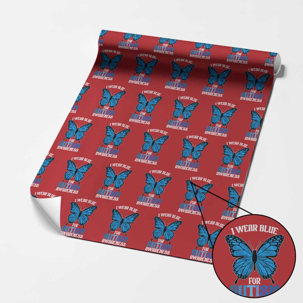 I Wear Blue For Autism Awareness Wrapping Paper Roll Blue Butterfly Puzzle Pieces