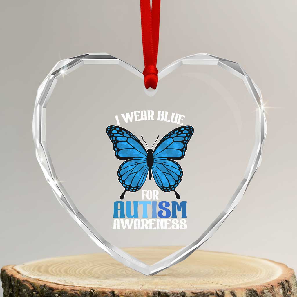 I Wear Blue For Autism Awareness Heart Crystal Glass Ornament Blue Butterfly Puzzle Pieces