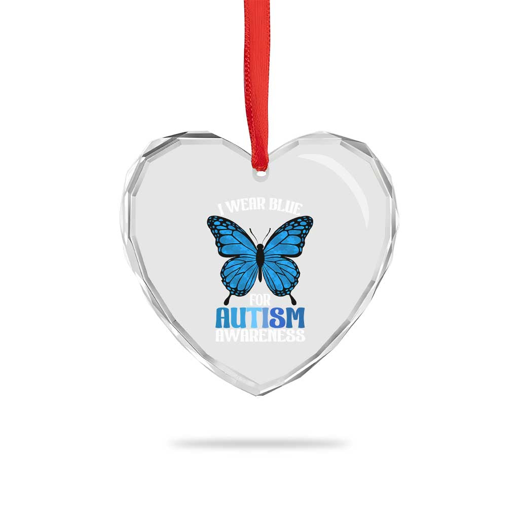 I Wear Blue For Autism Awareness Heart Crystal Glass Ornament Blue Butterfly Puzzle Pieces