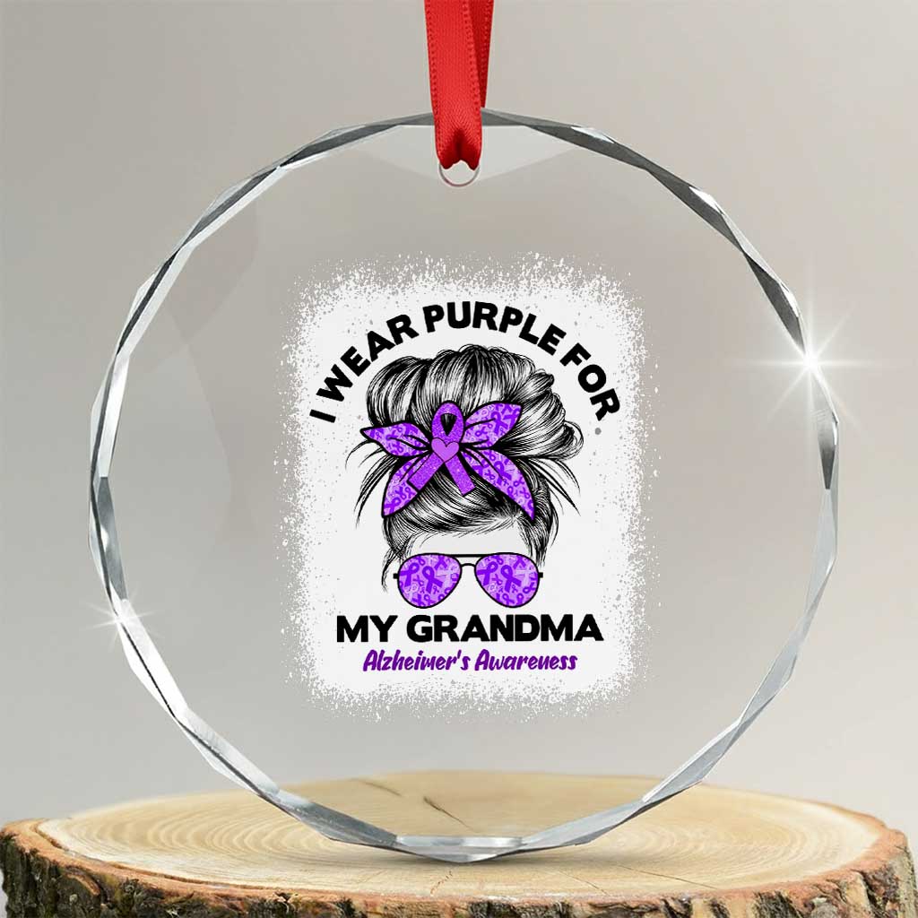 I Wear Purple For My Grandma Crystal Glass Ornament Alzheimers Awareness Messy Bun Graphic