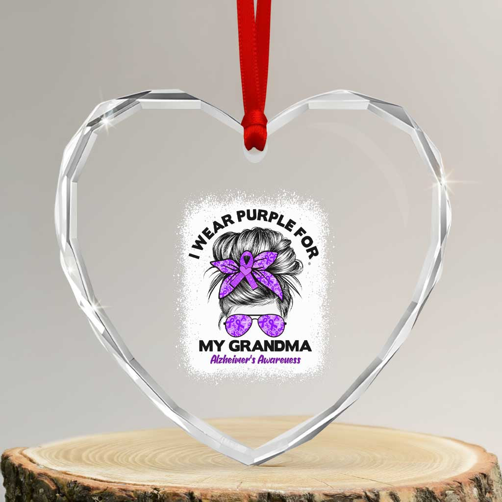 I Wear Purple For My Grandma Heart Crystal Glass Ornament Alzheimers Awareness Messy Bun Graphic