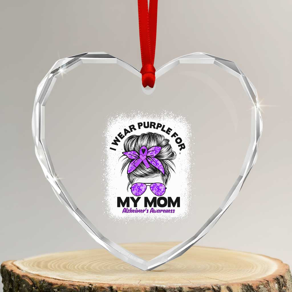 I Wear Purple For My Mom Heart Crystal Glass Ornament Alzheimers Awareness Messy Bun Graphic