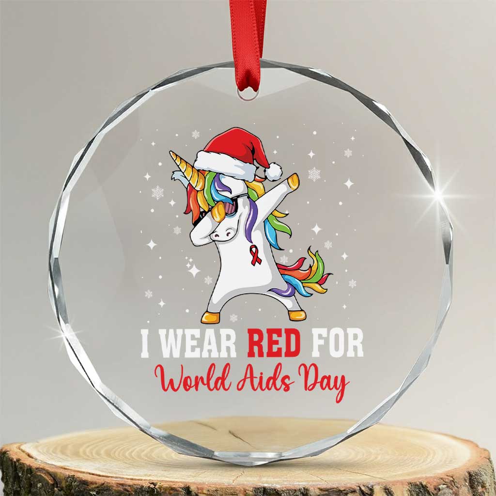 I Wear Red For World AIDS Day Crystal Glass Ornament Santa Unicorn Dabbing Christmas Gift - Wonder Print Shop