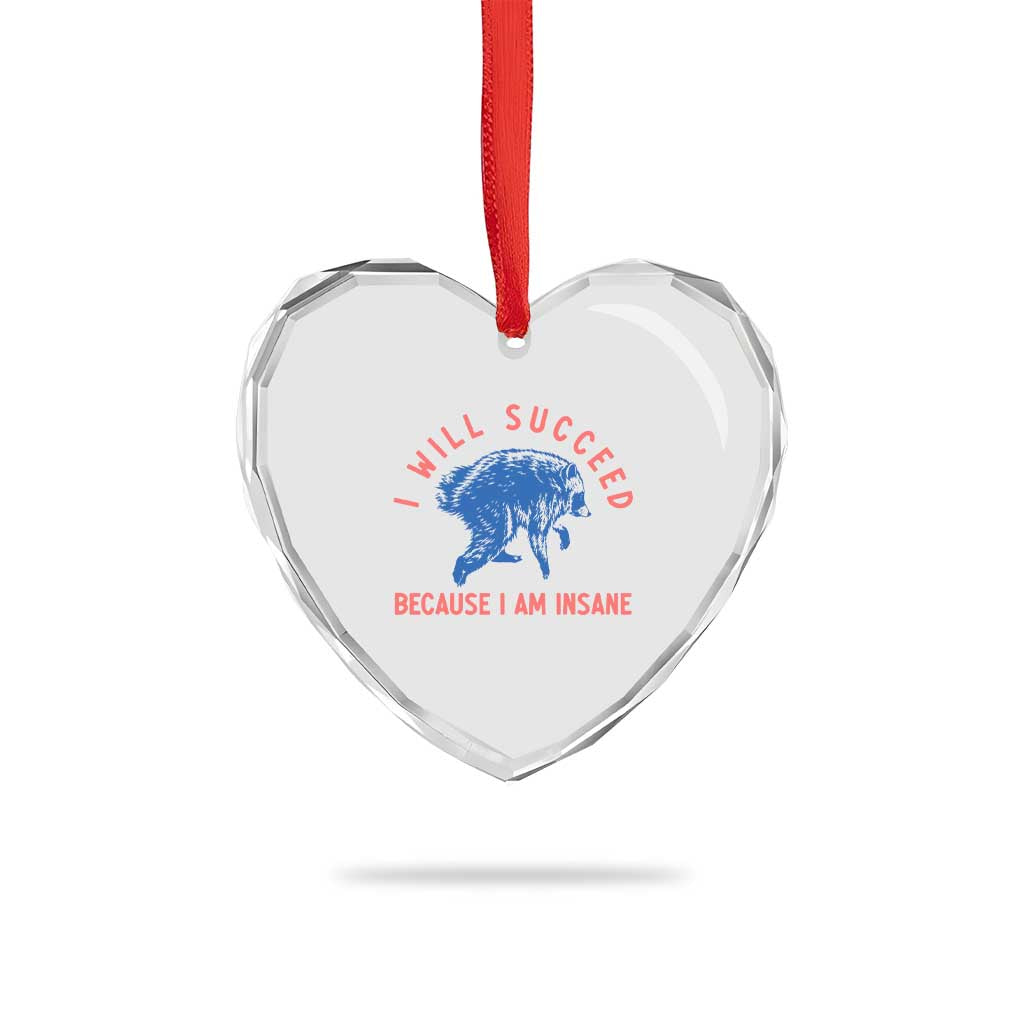 I Will Succeed Because I Am Insane Heart Crystal Glass Ornament Funny Jimothy Raccoon Meme
