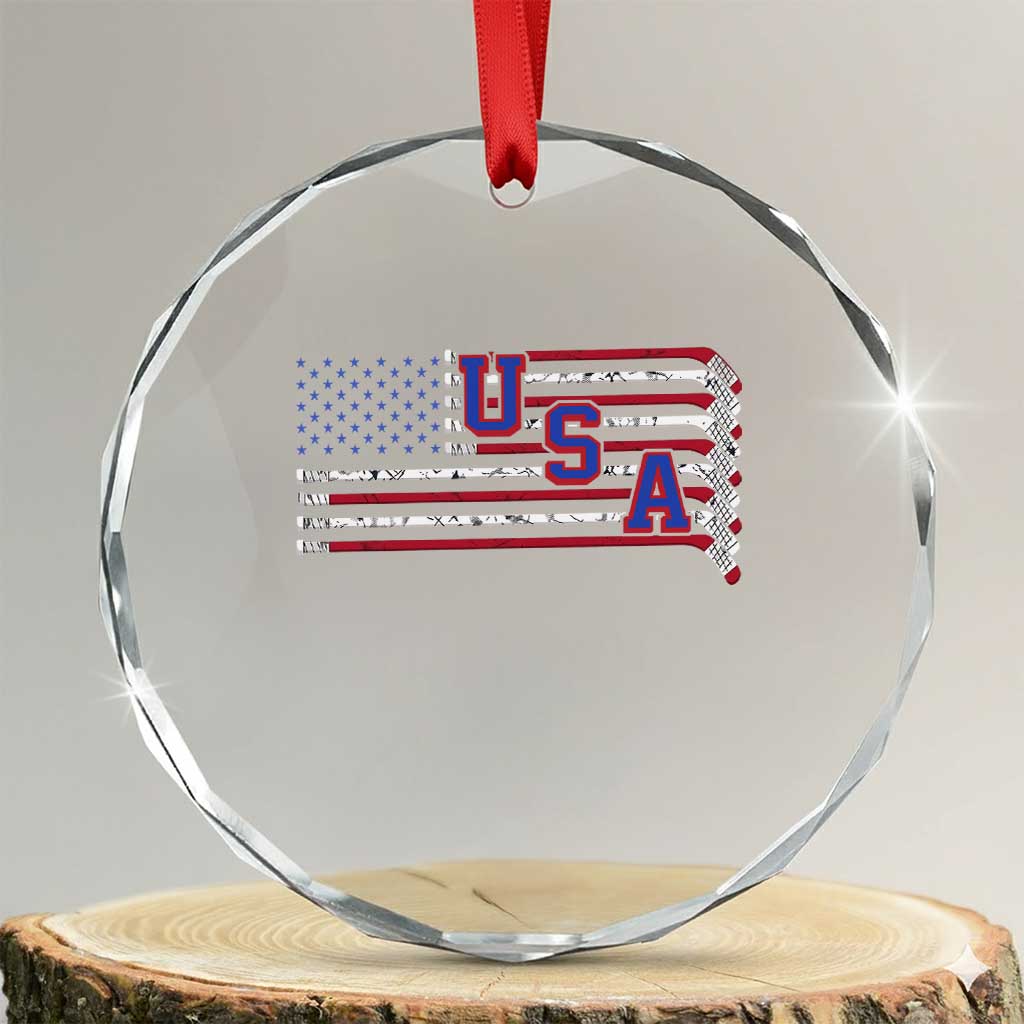 Ice Hockey Sticks American Flag Crystal Glass Ornament Patriotic Hockey Fan