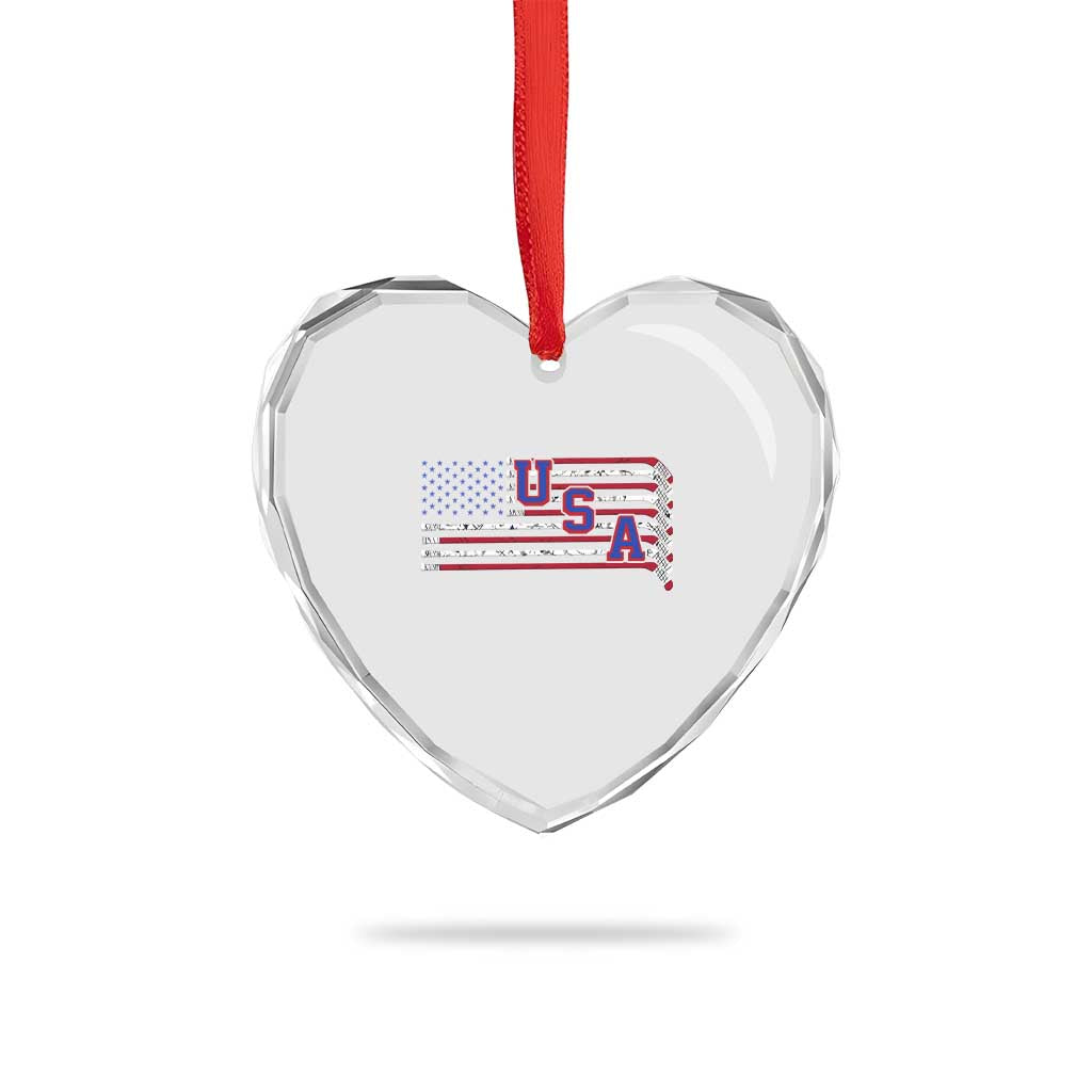 Ice Hockey Sticks American Flag Heart Crystal Glass Ornament Patriotic Hockey Fan