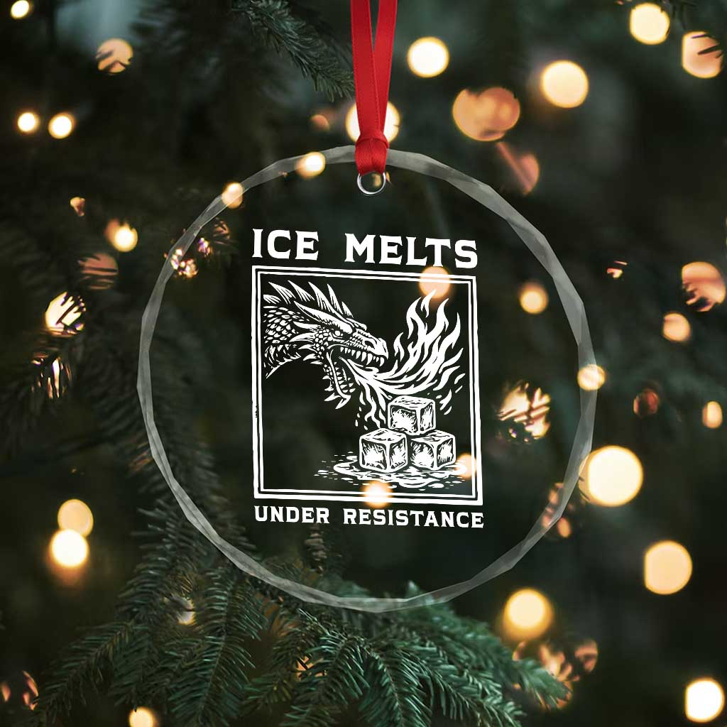 Ice Melts Under Resistance Crystal Glass Ornament Against Ice Protest Dragon Graphic with Fire