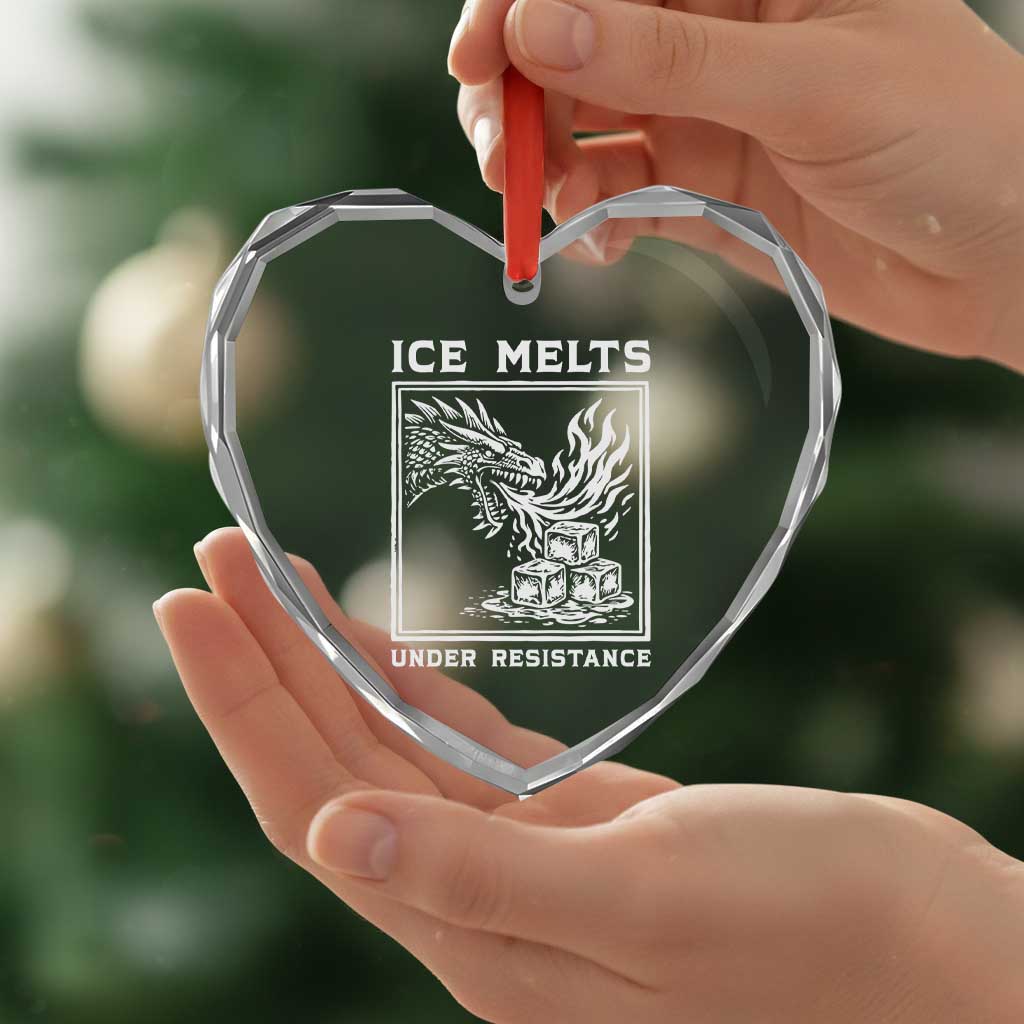 Ice Melts Under Resistance Heart Crystal Glass Ornament Against Ice Protest Dragon Graphic with Fire