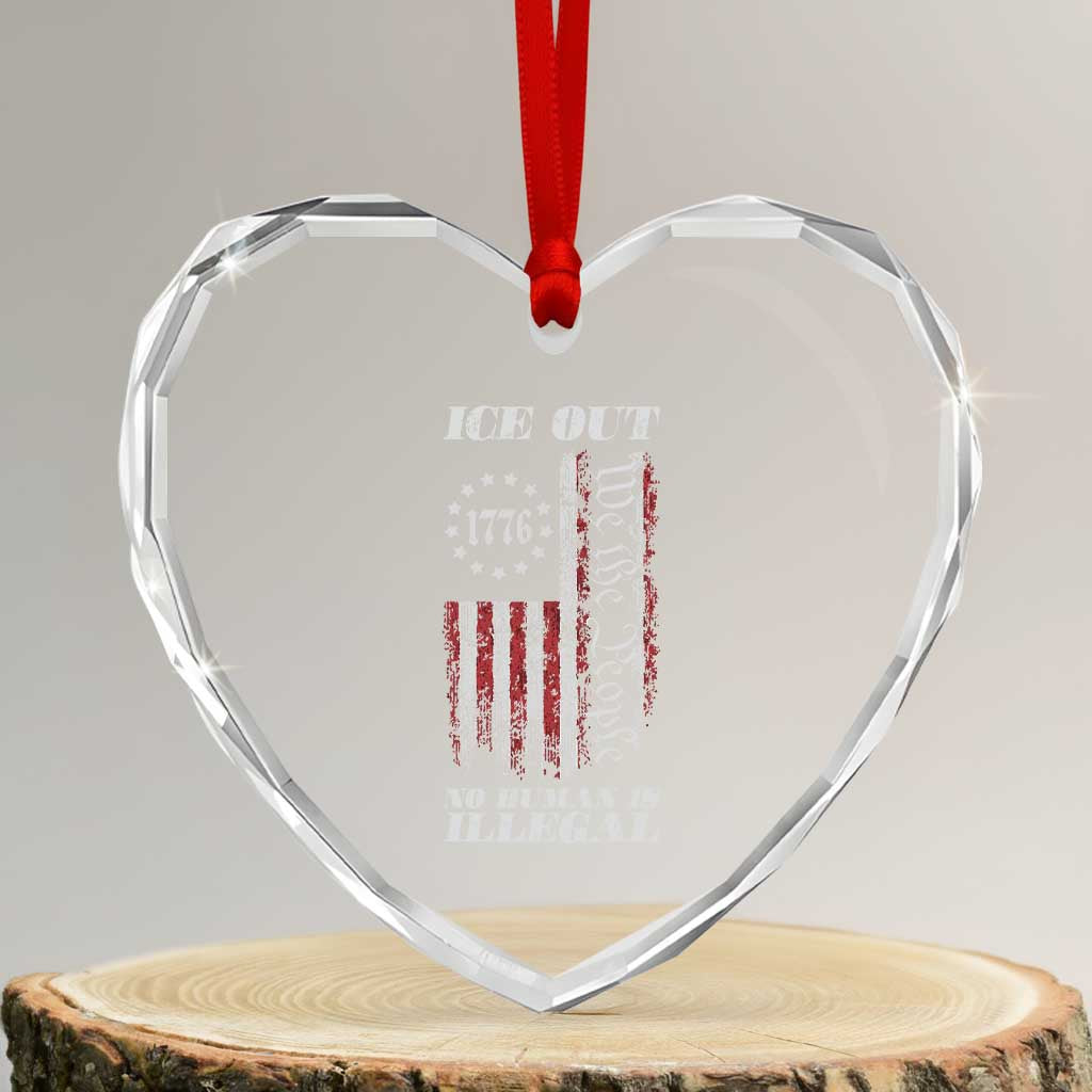 Ice Out No Human Is Illegal Heart Crystal Glass Ornament Vintage Old 1776 US Flag