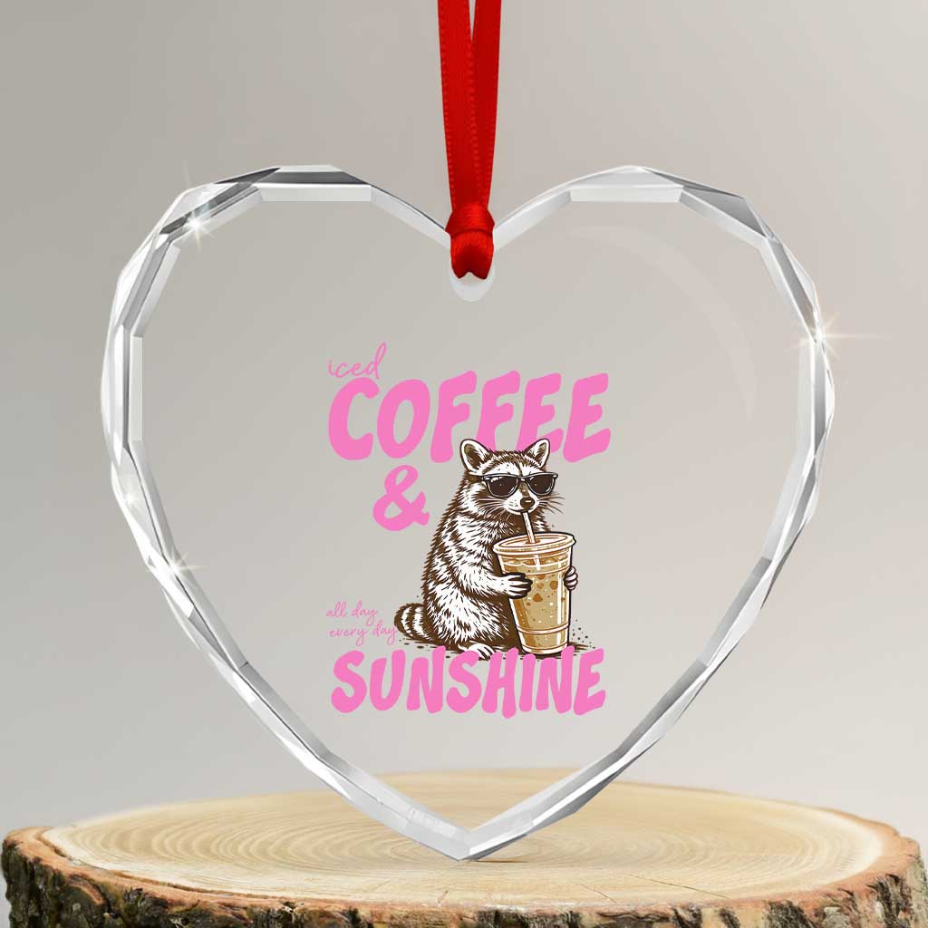 Iced Coffee and Sunshine Heart Crystal Glass Ornament Funny Raccoon Summer Coffee Lover Gift