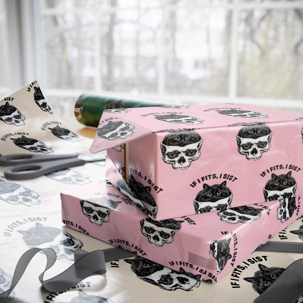 If I Fits I Sits Black Cat Skull Wrapping Paper Roll Gothic Dark Humor Gift