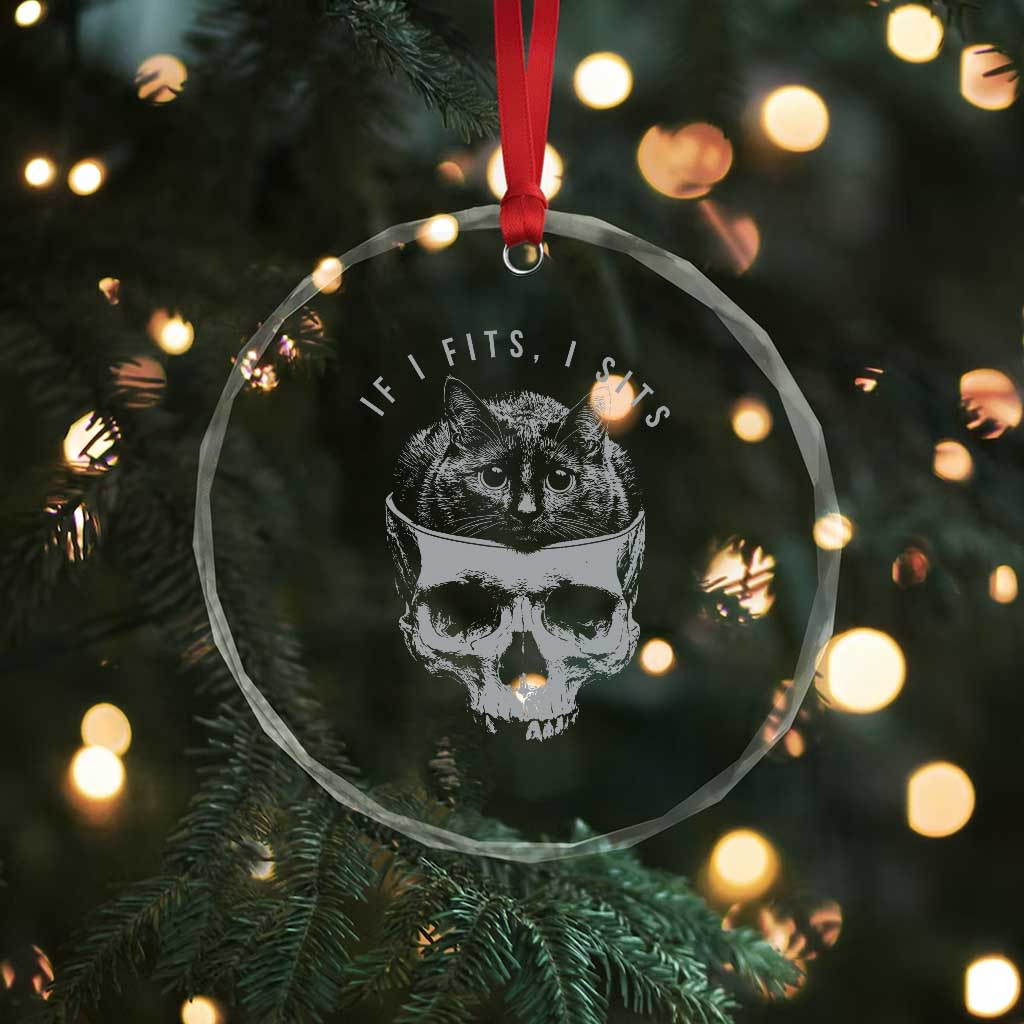 If I Fits I Sits Funny Cat in Skull Crystal Glass Ornament Dark Aesthetic Goth Cat Lover Gift for Macabre and Meme Fans
