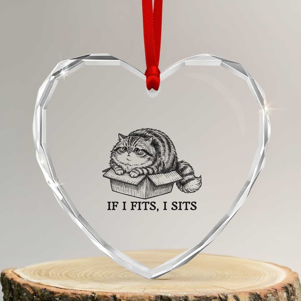 If I Fits I Sits Heart Crystal Glass Ornament Chubby Kitty Funny Cat Lover Gift