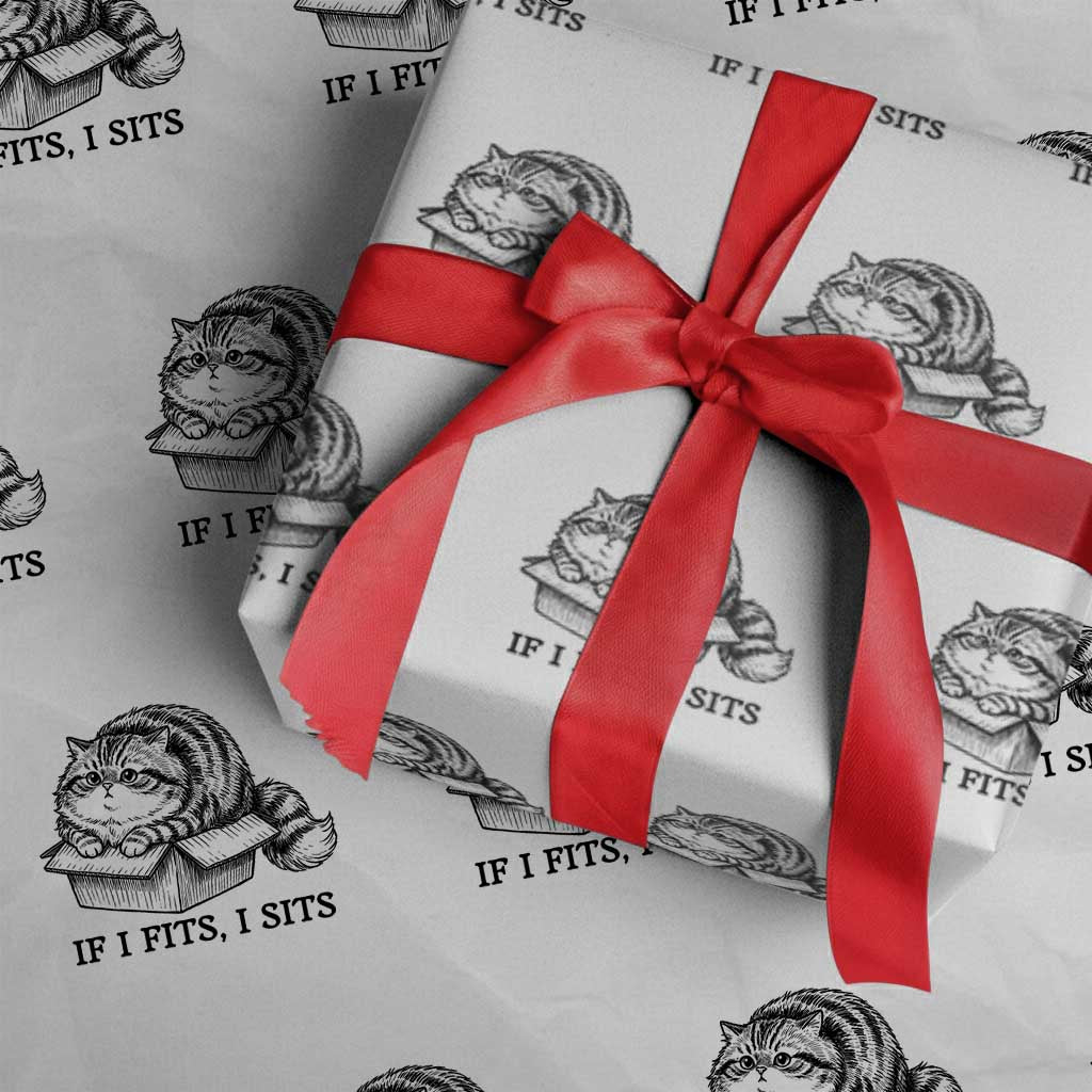 If I Fits I Sits Wrapping Paper Roll Chubby Kitty Funny Cat Lover Gift