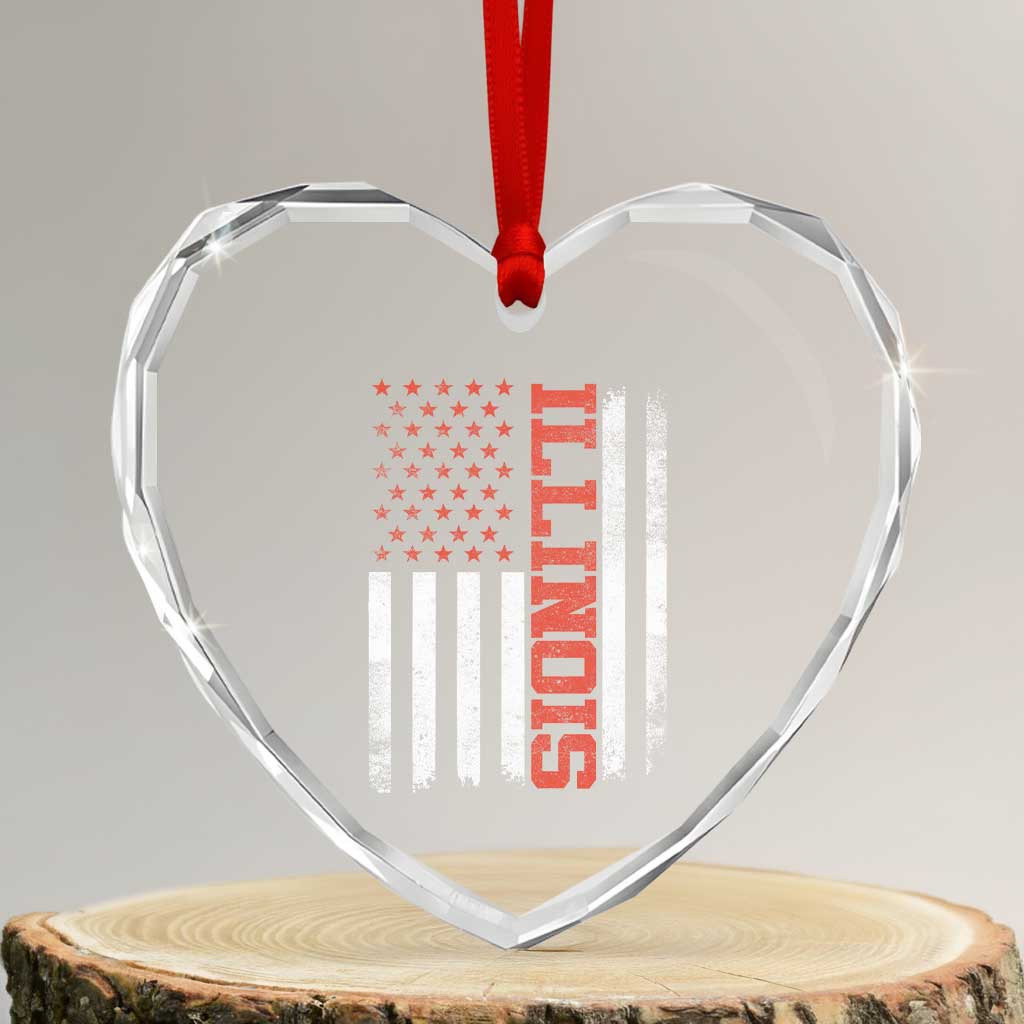 Illinois Pride Heart Crystal Glass Ornament Vintage American Flag Distressed Varsity Aesthetic Letters IL State