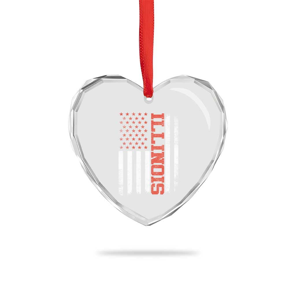 Illinois Pride Heart Crystal Glass Ornament Vintage American Flag Distressed Varsity Aesthetic Letters IL State