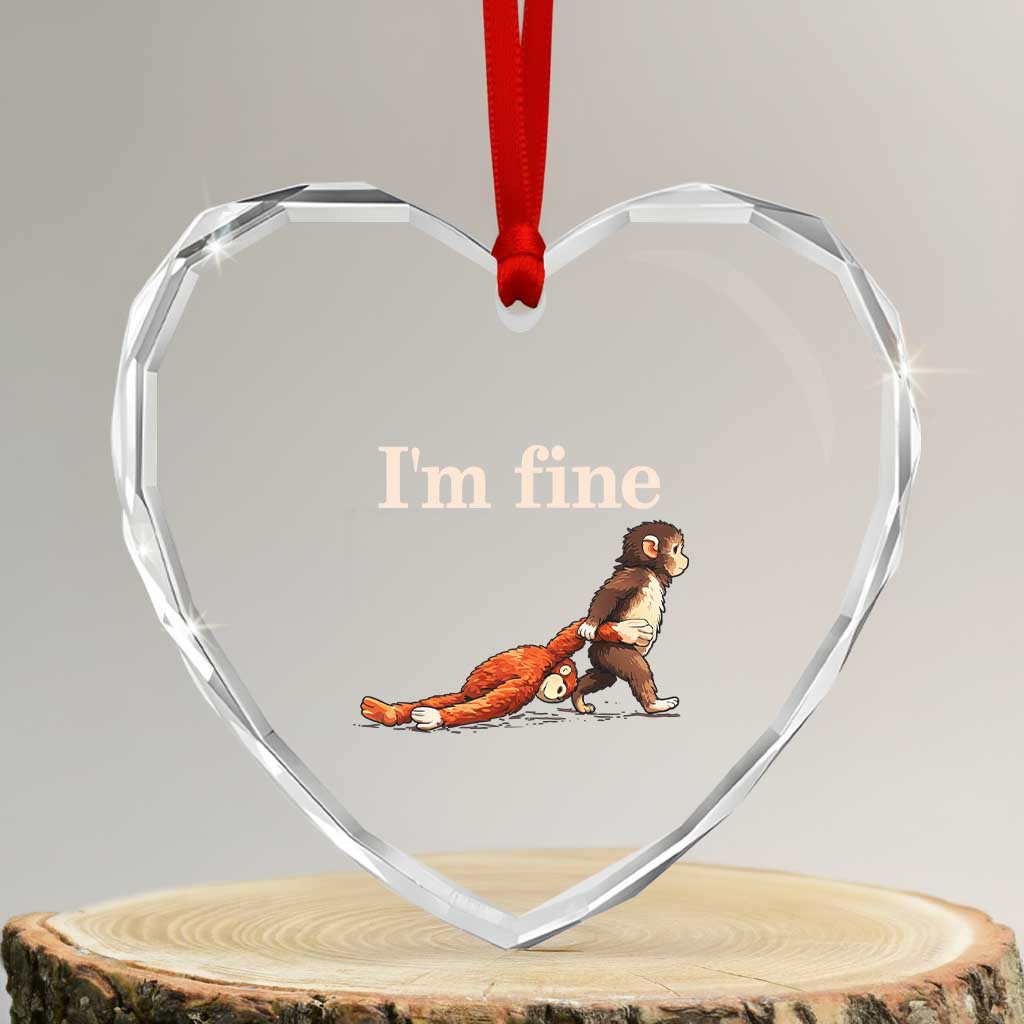 I’m Fine Funny Monkey Meme Heart Crystal Glass Ornament Viral Punch Baby Monkey Relatable Cute Gift