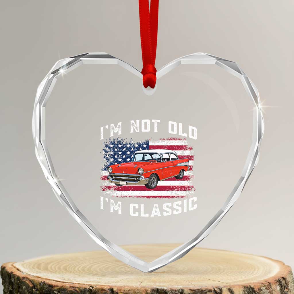 I'm Not Old I'm Classic Heart Crystal Glass Ornament Vintage 1957 Hot Rod Silhouette Patriotic American Flag
