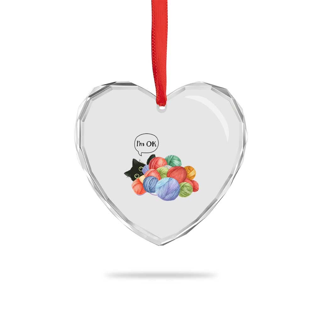 I’m OK Heart Crystal Glass Ornament Cat Tangled In Yarn Funny Crochet Gift - Wonder Print Shop