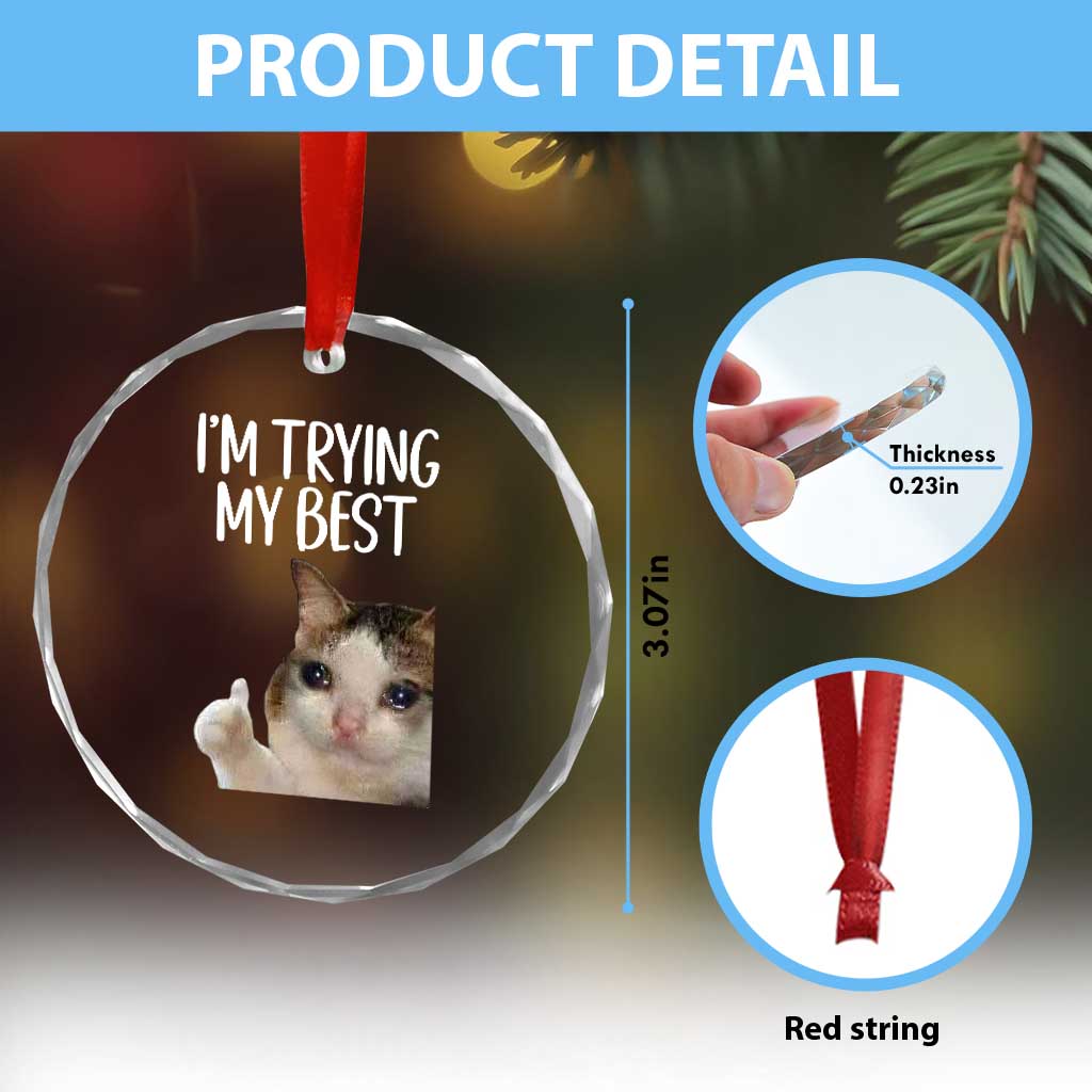 Im Trying My Best Funny Crying Cat Meme Crystal Glass Ornament - Wonder Print Shop